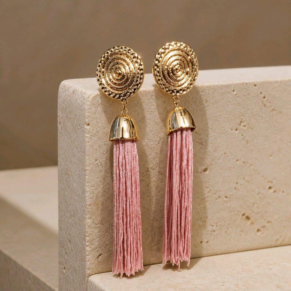 Pink Tassle Gold Tone Beaded Fringe Dangle Earrings